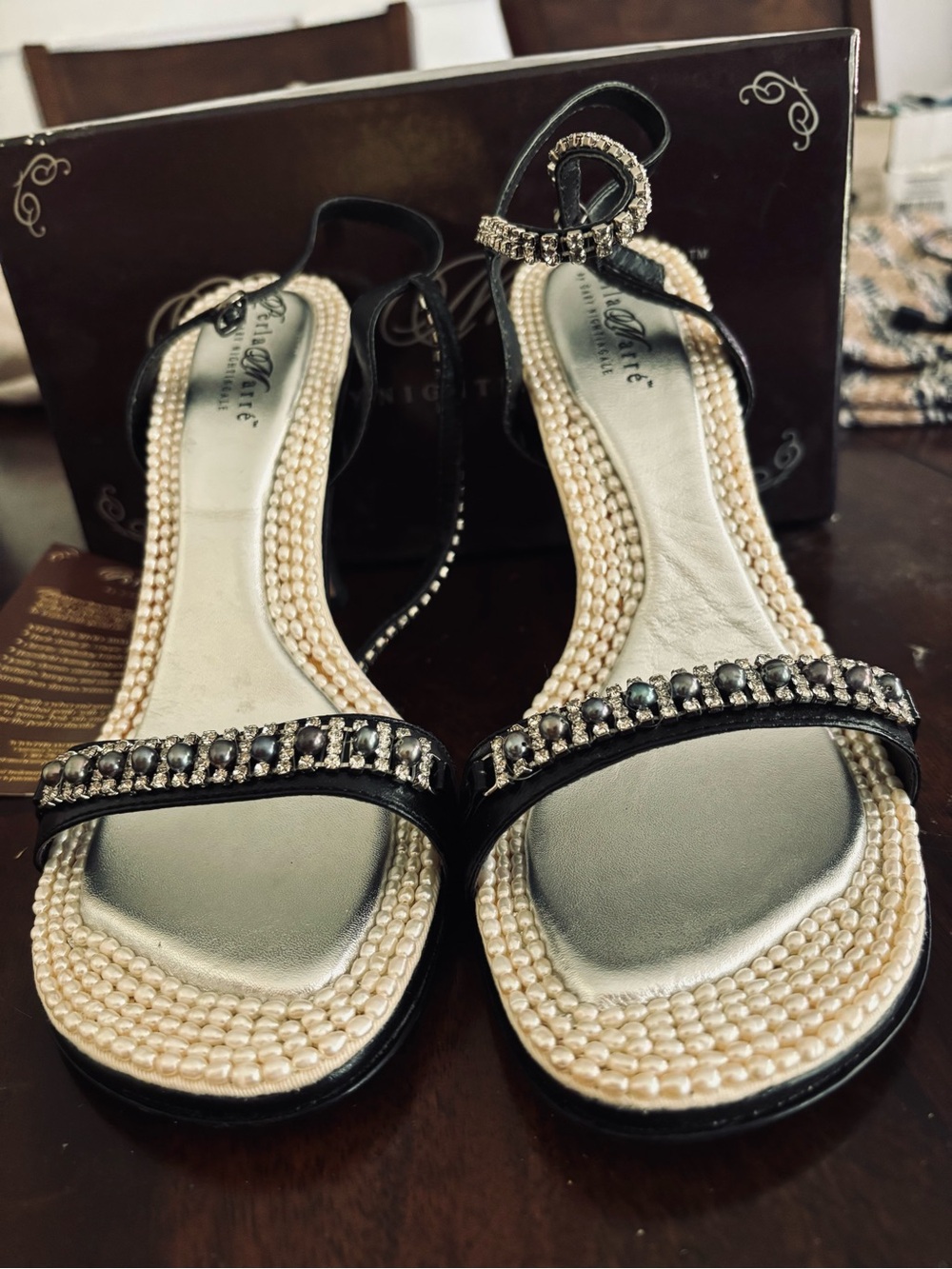 Perla Marre by Gary nightingale Beaded Pearl Trim Black Dress Sandals